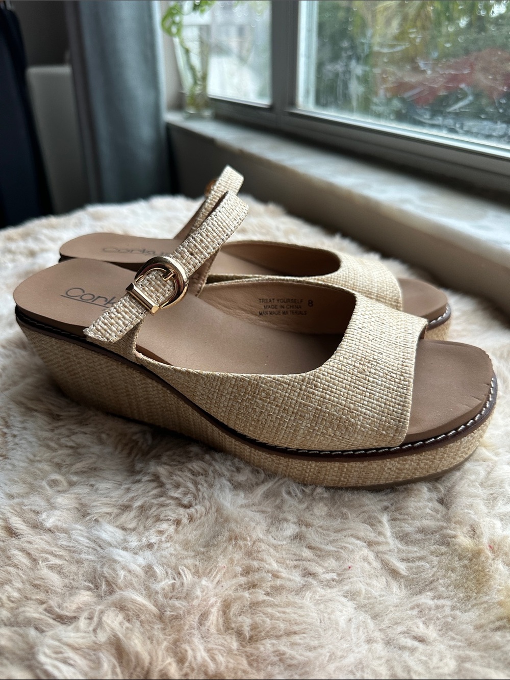Corkys Natural Woven Platform Wedge Sandals with Gold Buckle